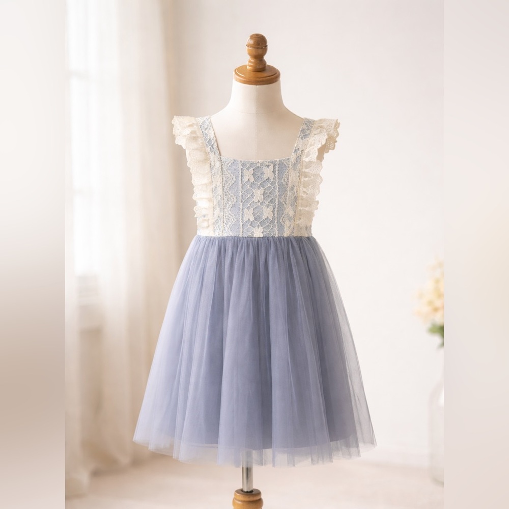 Elegant Lace and Tulle Kids Dress in Gray and Cream